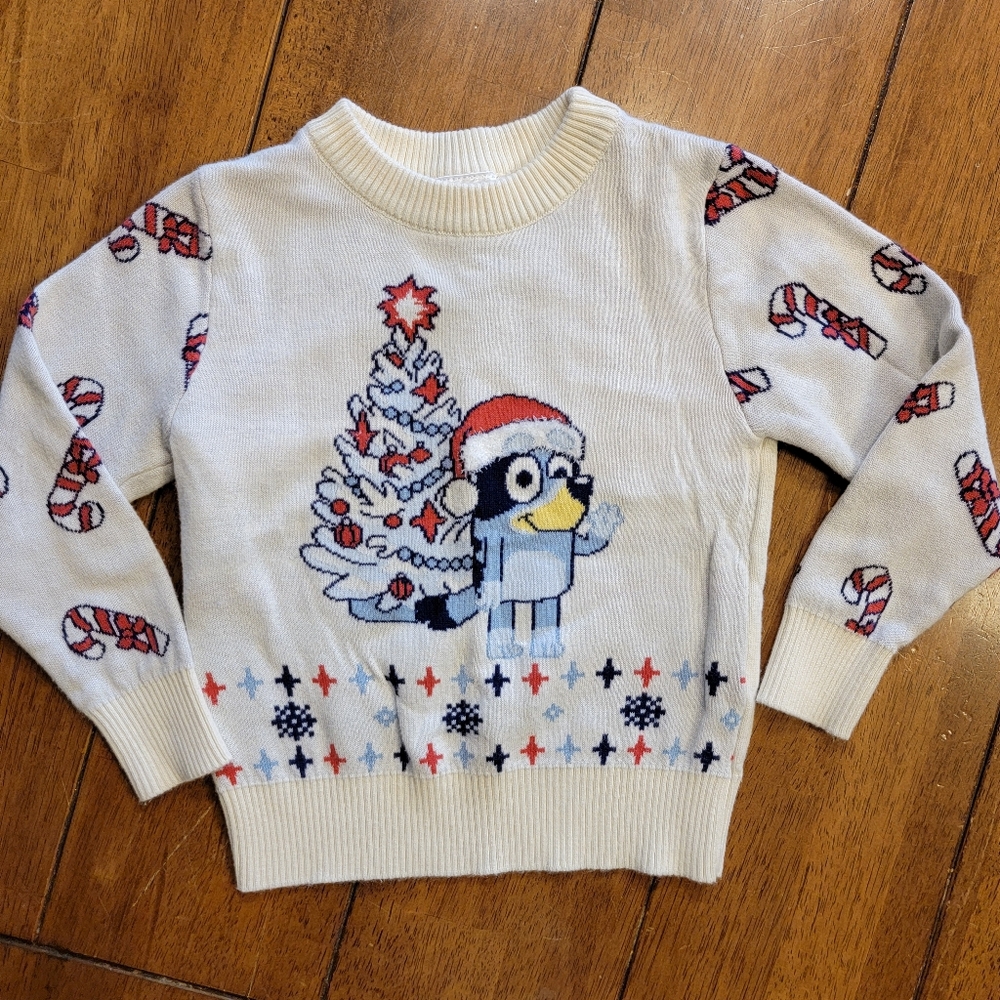 Bluey Dog Christmas Holiday Sweater Ivory Red Blue Size 2T Cartoon